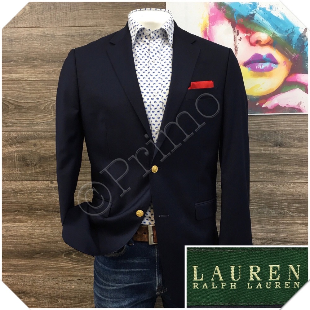 Ralph Lauren Mens 40L Navy Wool Blazer Gold Button Sport Coat Jacket Casual Suit